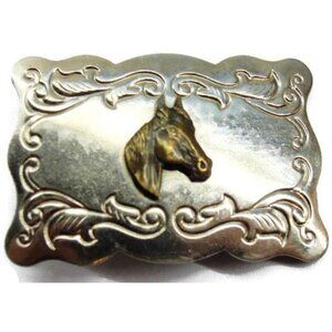 Horse Head Etched Rectangular Silver & Gold Tone Vintage Belt Buckle Western Sty